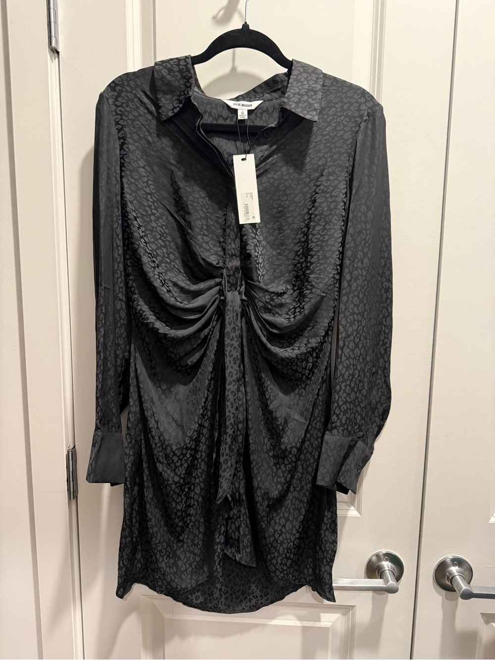 Steve Madden Black Satin Animal-Print Button Front Shirt